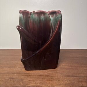 Royal Haeger Rectangular Tulip Vase Maroon Brown Drip Glaze Pottery USA R651